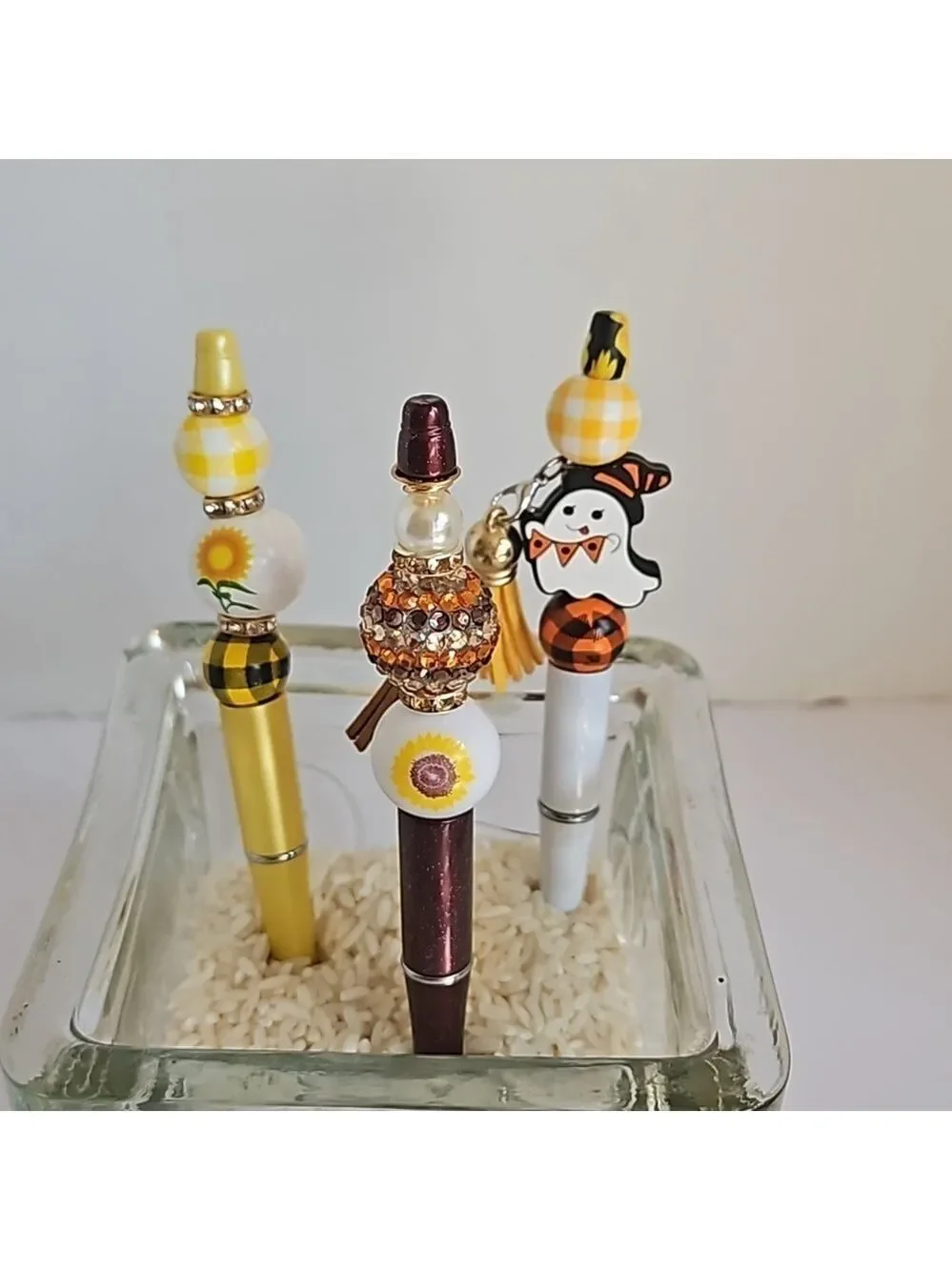 Hand Crafted 3 Set Pens Black Ink Beaded Sunflower Harvest Halloween Design